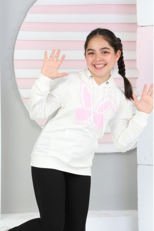 İKİ İPLİK ŞARDANSUZ TAVŞAN BASKILI KAPŞONLU CEPLİ SWEATSHİRT