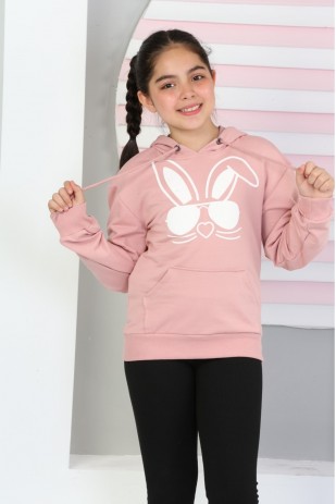 İKİ İPLİK ŞARDANSUZ TAVŞAN BASKILI KAPŞONLU CEPLİ SWEATSHİRT