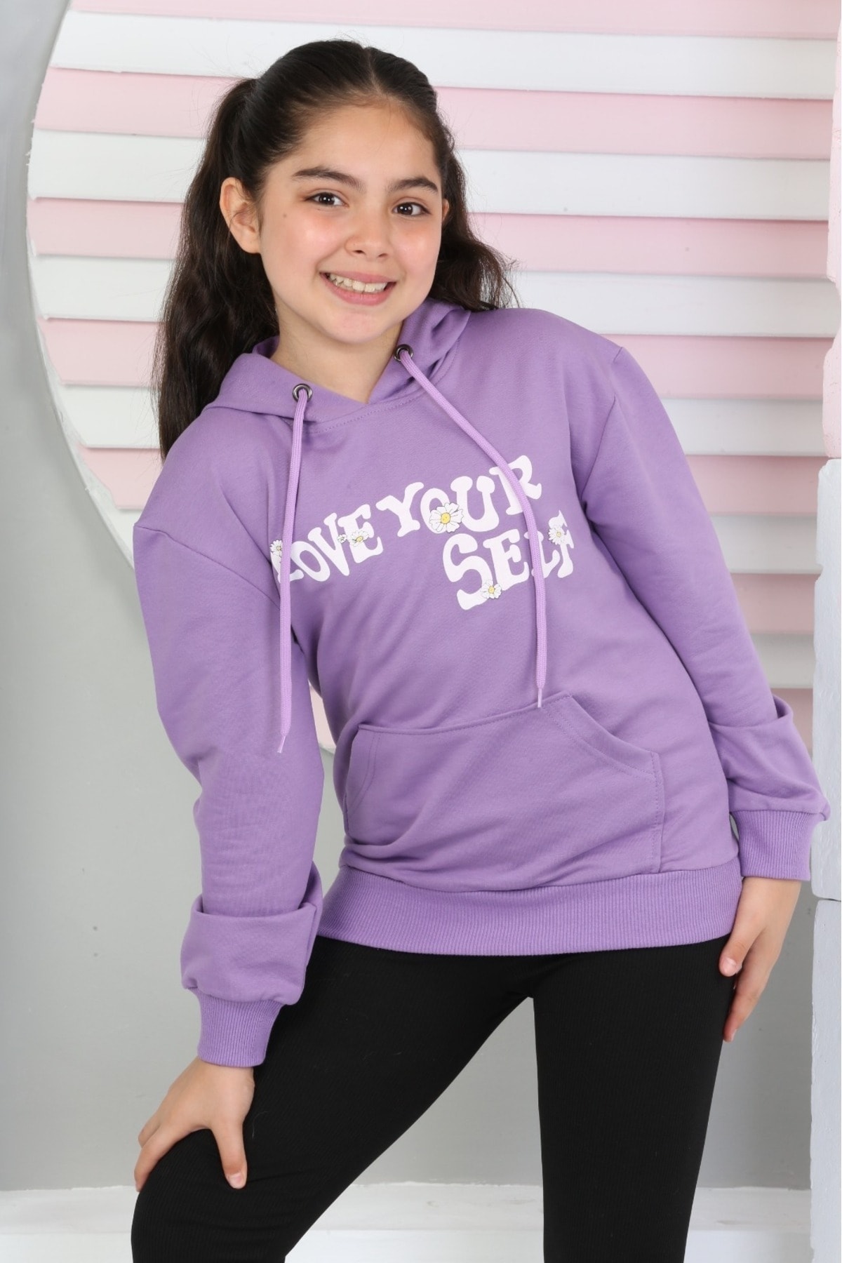 LOVE YOUR SELF BASKILI KAPŞONLU SWEATSHİRT