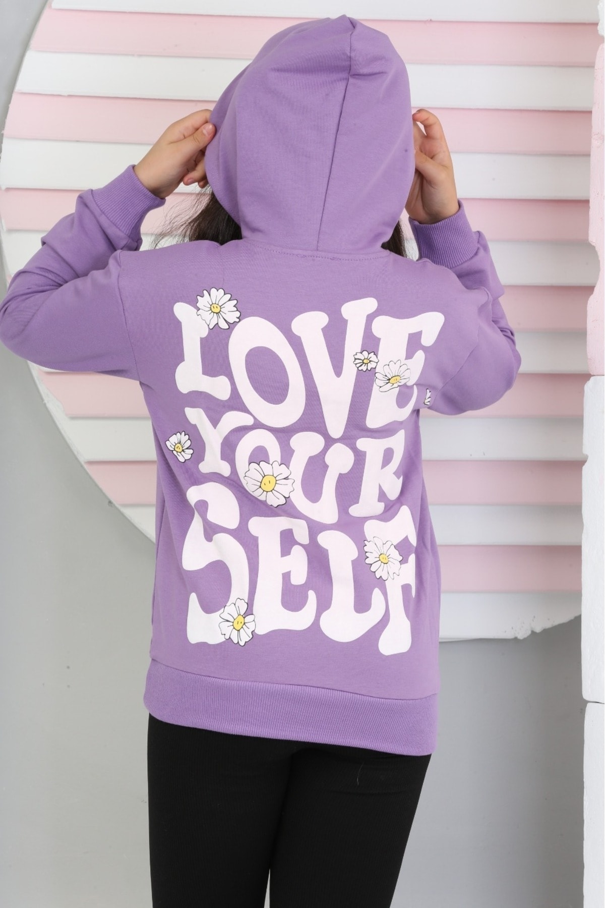 LOVE YOUR SELF BASKILI KAPŞONLU SWEATSHİRT