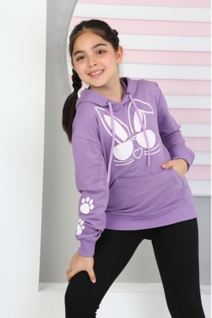 İKİ İPLİK ŞARDANSUZ TAVŞAN BASKILI KAPŞONLU CEPLİ SWEATSHİRT