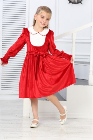 KUŞAKLI ÖNÜ BEYAZ GARNİLİ KADİFE ELBİSE