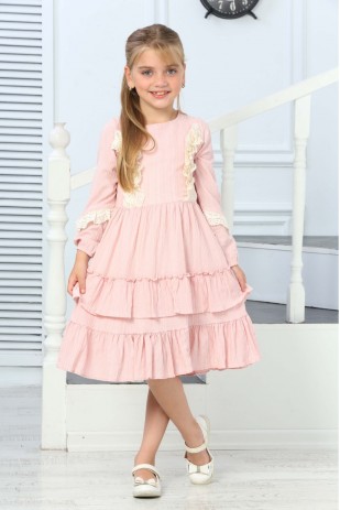 ÖNÜ DANTEL DETAYLI UZUN KOL ELBİSE