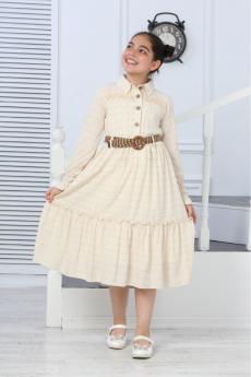 DÜGMELİ KEMERLİ UZUN KOL PARLAK KESMELİ ELBİSE