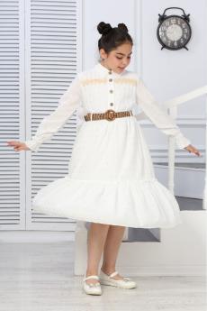 DÜGMELİ KEMERLİ UZUN KOL PARLAK KESMELİ ELBİSE