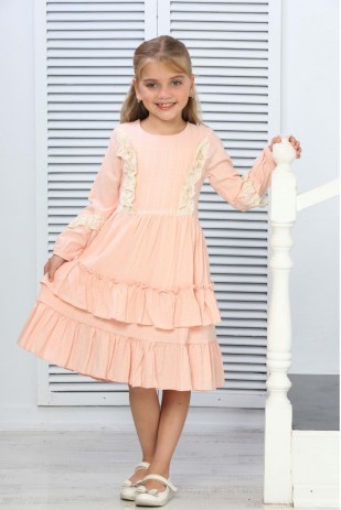 ÖNÜ DANTEL DETAYLI UZUN KOL ELBİSE