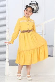 DÜGMELİ KEMERLİ UZUN KOL PARLAK KESMELİ ELBİSE