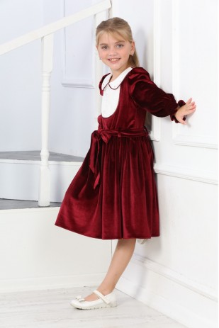 БАРХАТНОЕ ПЛАТЬЕ С ПОЯСОМ И БЕЛОЙ ОТДЕЛКОЙ ПЕРЕДА