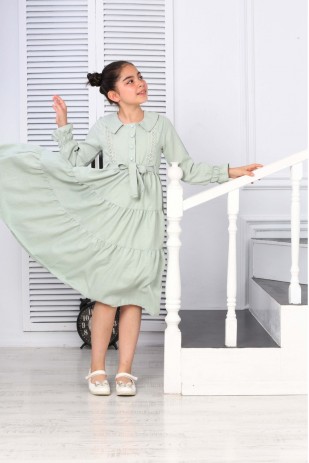 PEARL BUTTONED BURODE APPLIQUÉD BELTED WAITER LENGTH DRESS