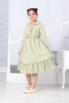 PARLAK DÜĞMELİ ÖNÜ PATLI UZUN KOL KEMERLİ ELBİSE