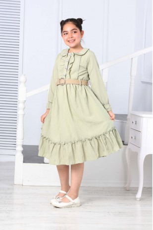 PARLAK DÜĞMELİ ÖNÜ PATLI UZUN KOL KEMERLİ ELBİSE