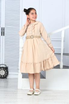 Parlak Düğmeli Öönü Patlı Uzun Kol Kemerli Elbise