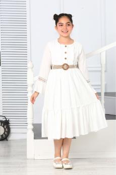 KUMAŞI SİMLİ KEMERLİ DÜĞMELİ KOL DANTEL DETAYLI GARSON ELBİSE