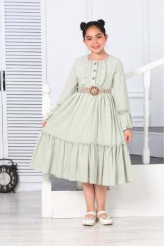 KUMAŞI SİMLİ KEMERLİ DÜĞMELİ KOL DANTEL DETAYLI GARSON ELBİSE