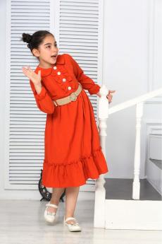 PARLAK DÜĞMELİ ÖNÜ PATLI UZUN KOL KEMERLİ ELBİSE