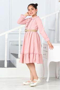 PARLAK DÜĞMELİ ÖNÜ PATLI UZUN KOL KEMERLİ ELBİSE