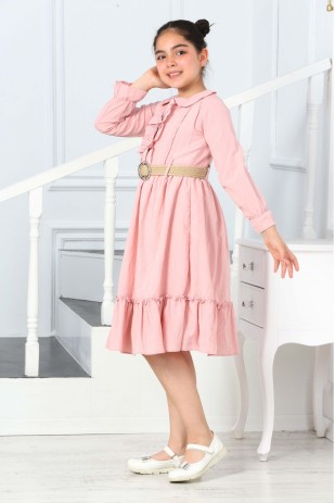 PARLAK DÜĞMELİ ÖNÜ PATLI UZUN KOL KEMERLİ ELBİSE