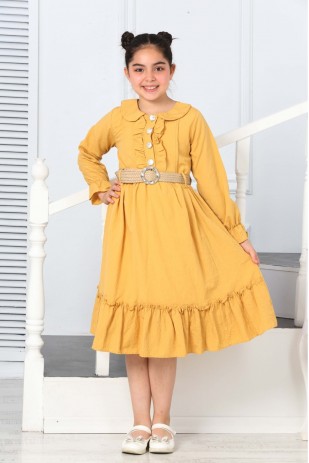 PARLAK DÜĞMELİ ÖNÜ PATLI UZUN KOL KEMERLİ ELBİSE